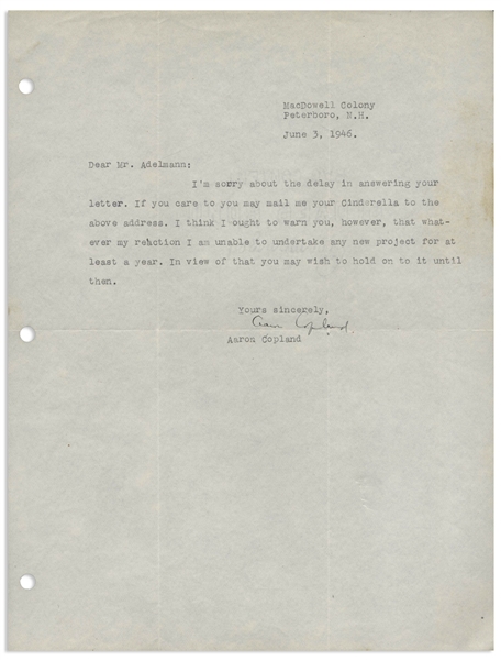 Aaron Copland Letter Signed Regarding the 1950 Film ''Cinderella''